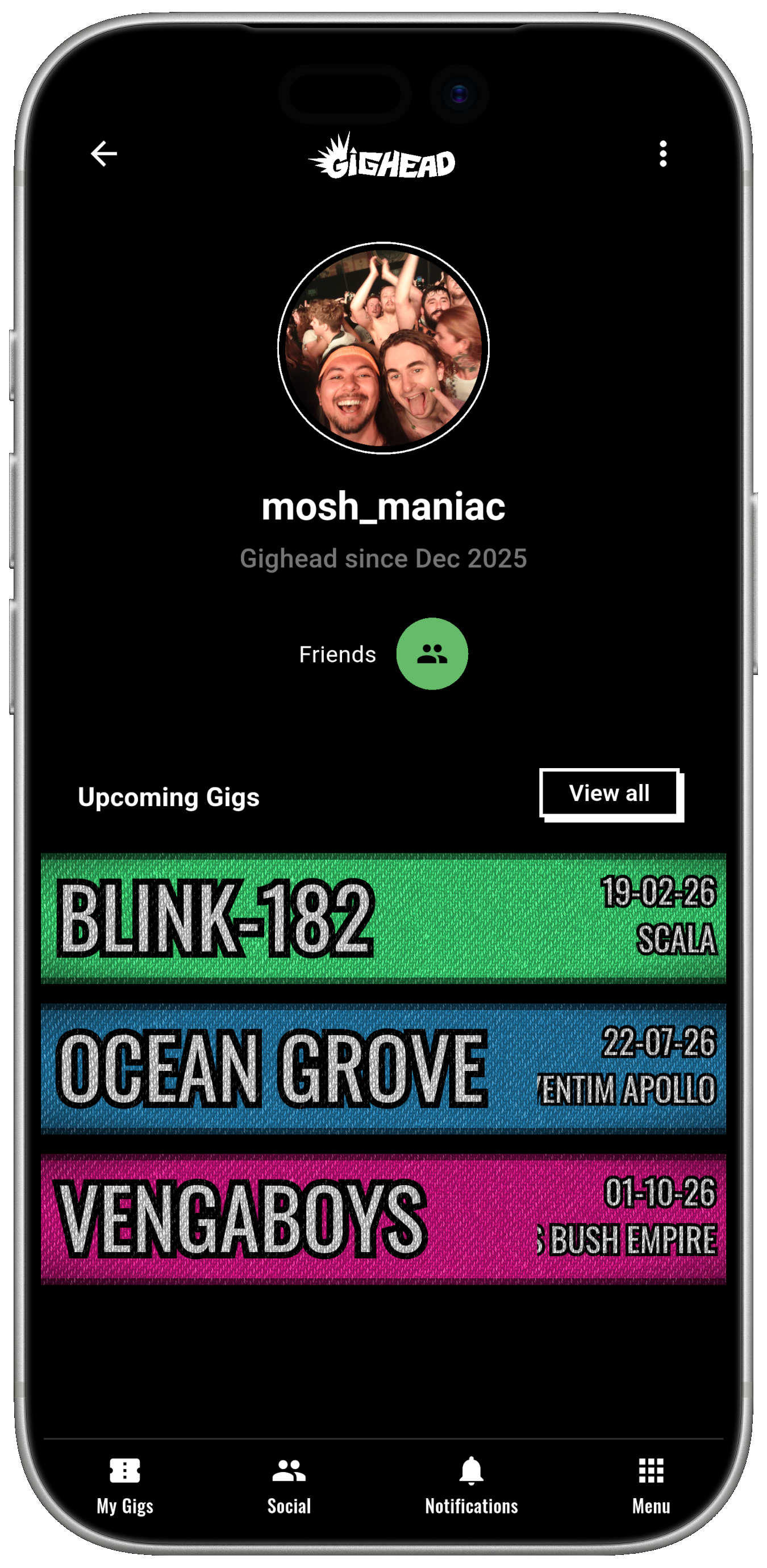 Friends list in Gighead app